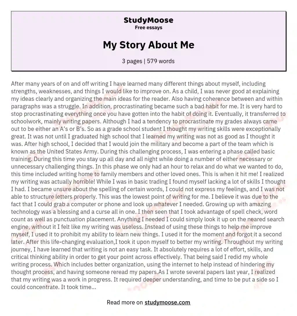 My Story About Me essay