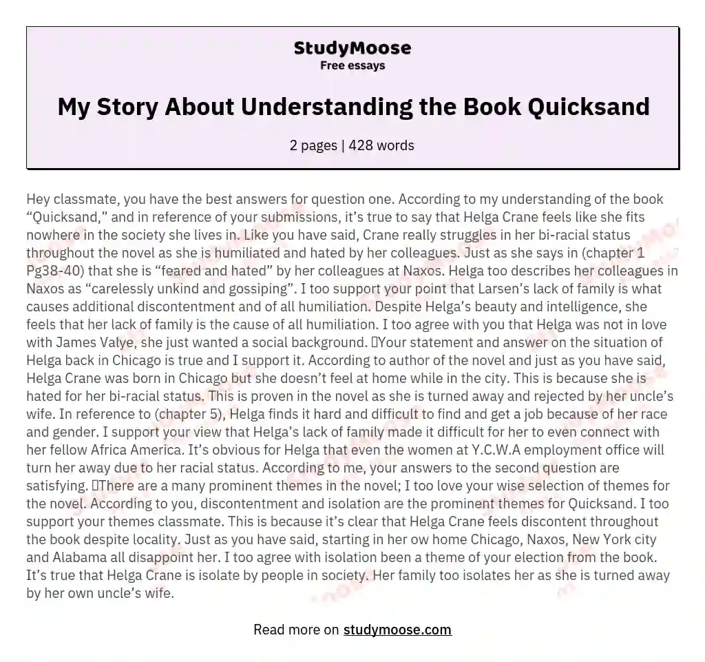 My Story About Understanding the Book Quicksand essay