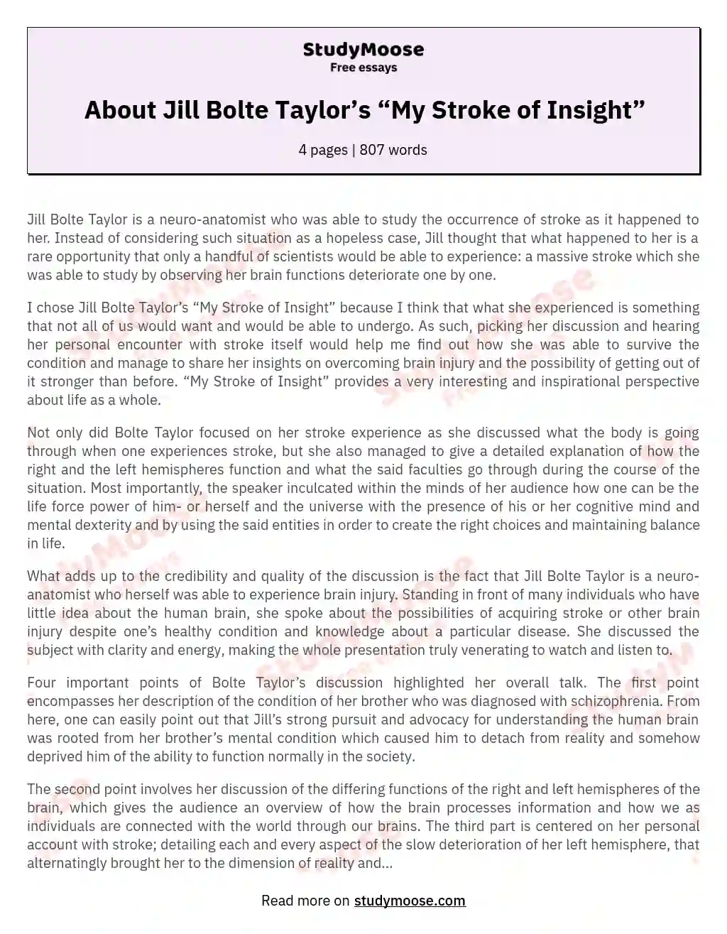 About Jill Bolte Taylor’s “My Stroke of Insight” essay