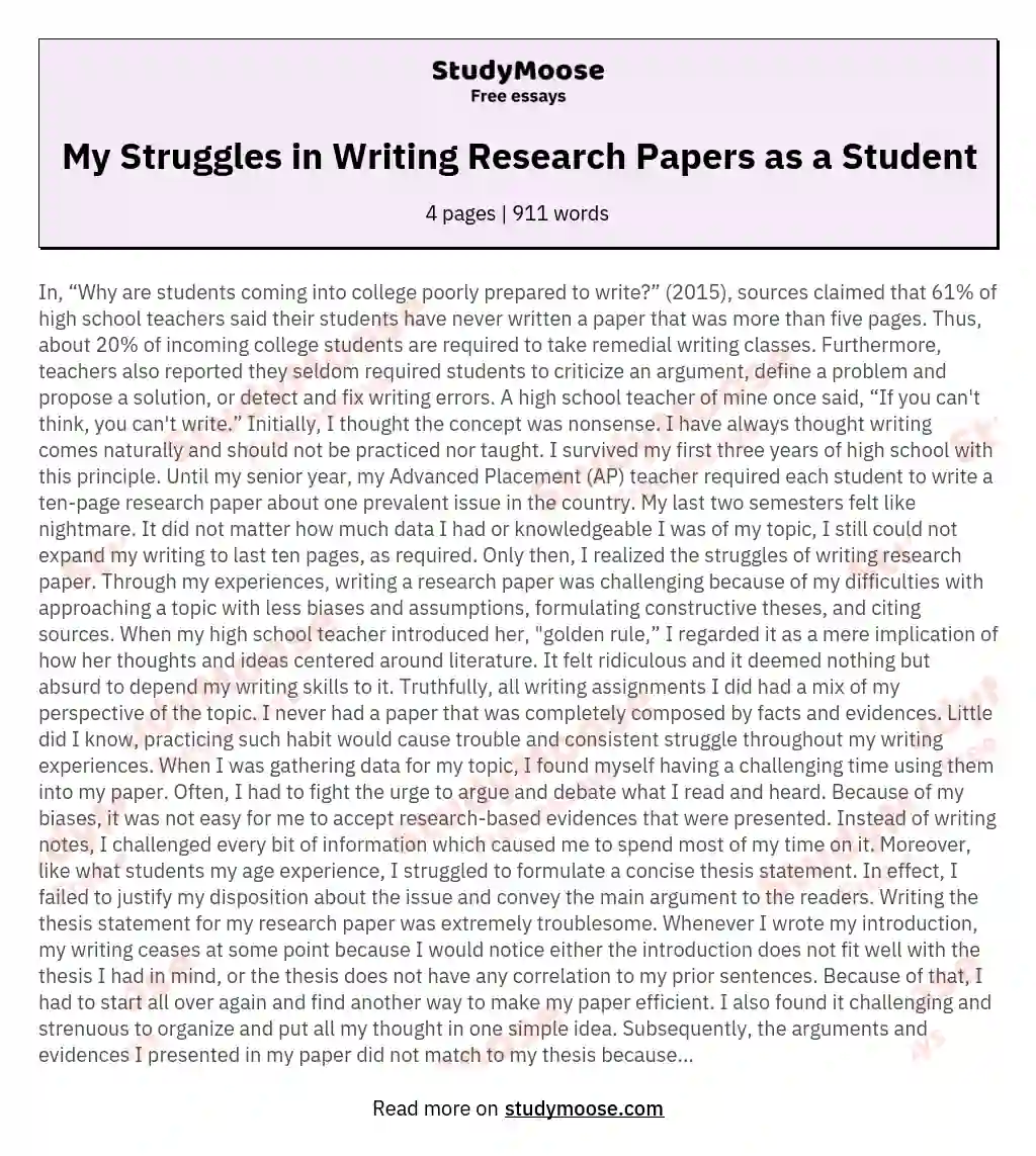 My Struggles in Writing Research Papers as a Student essay