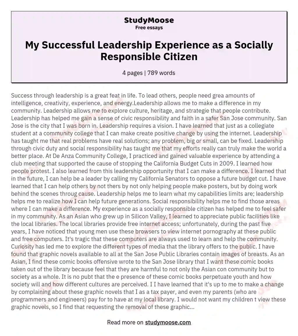 My Successful Leadership Experience as a Socially Responsible Citizen essay
