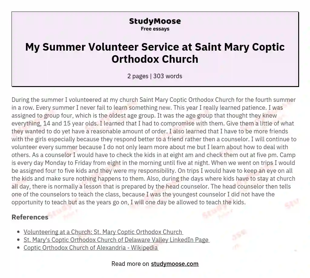 My Summer Volunteer Service at Saint Mary Coptic Orthodox Church essay