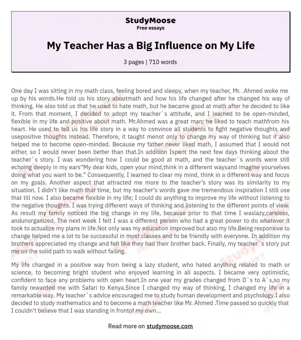 My Teacher Has a Big Influence on My Life essay