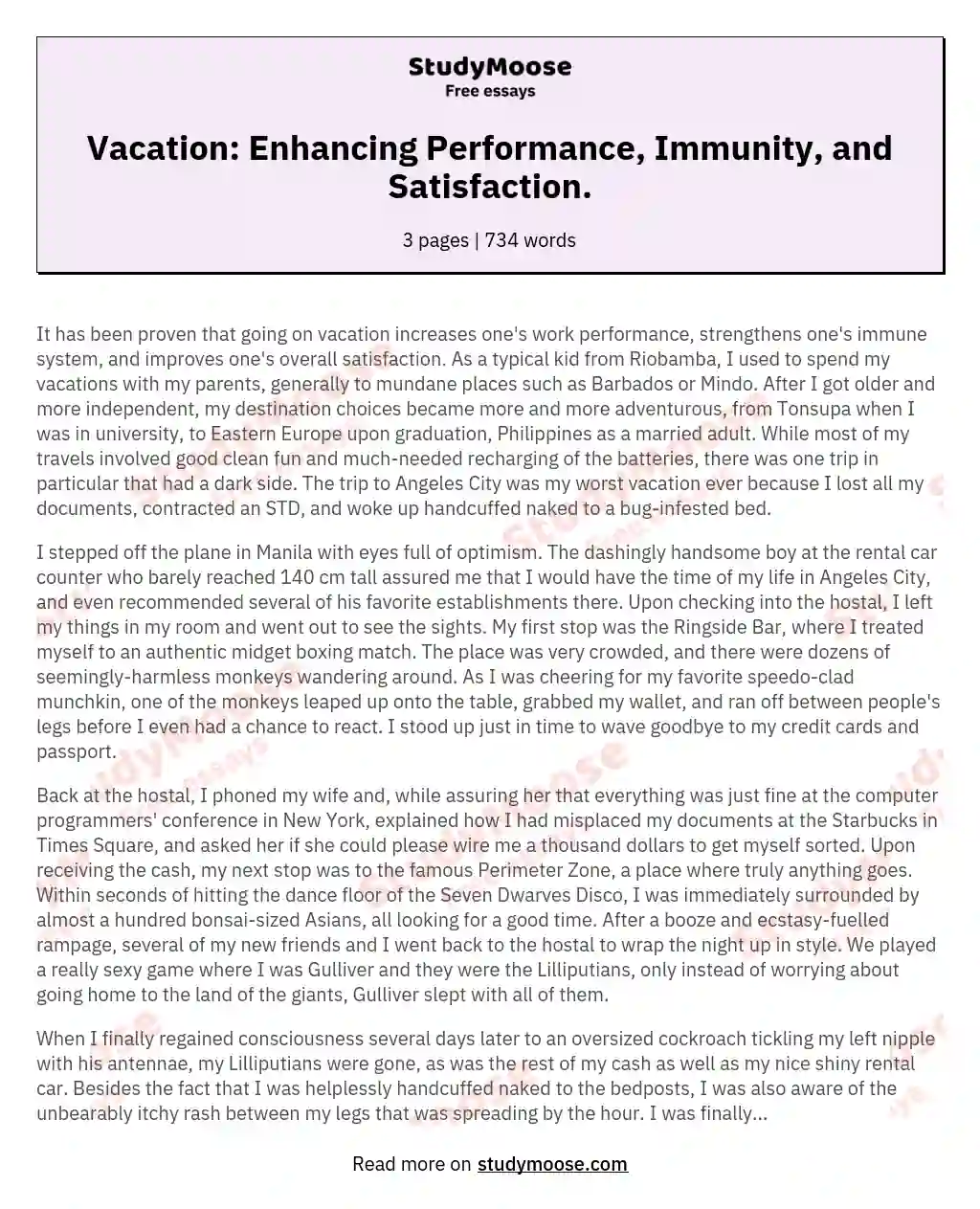 Vacation: Enhancing Performance, Immunity, and Satisfaction. essay