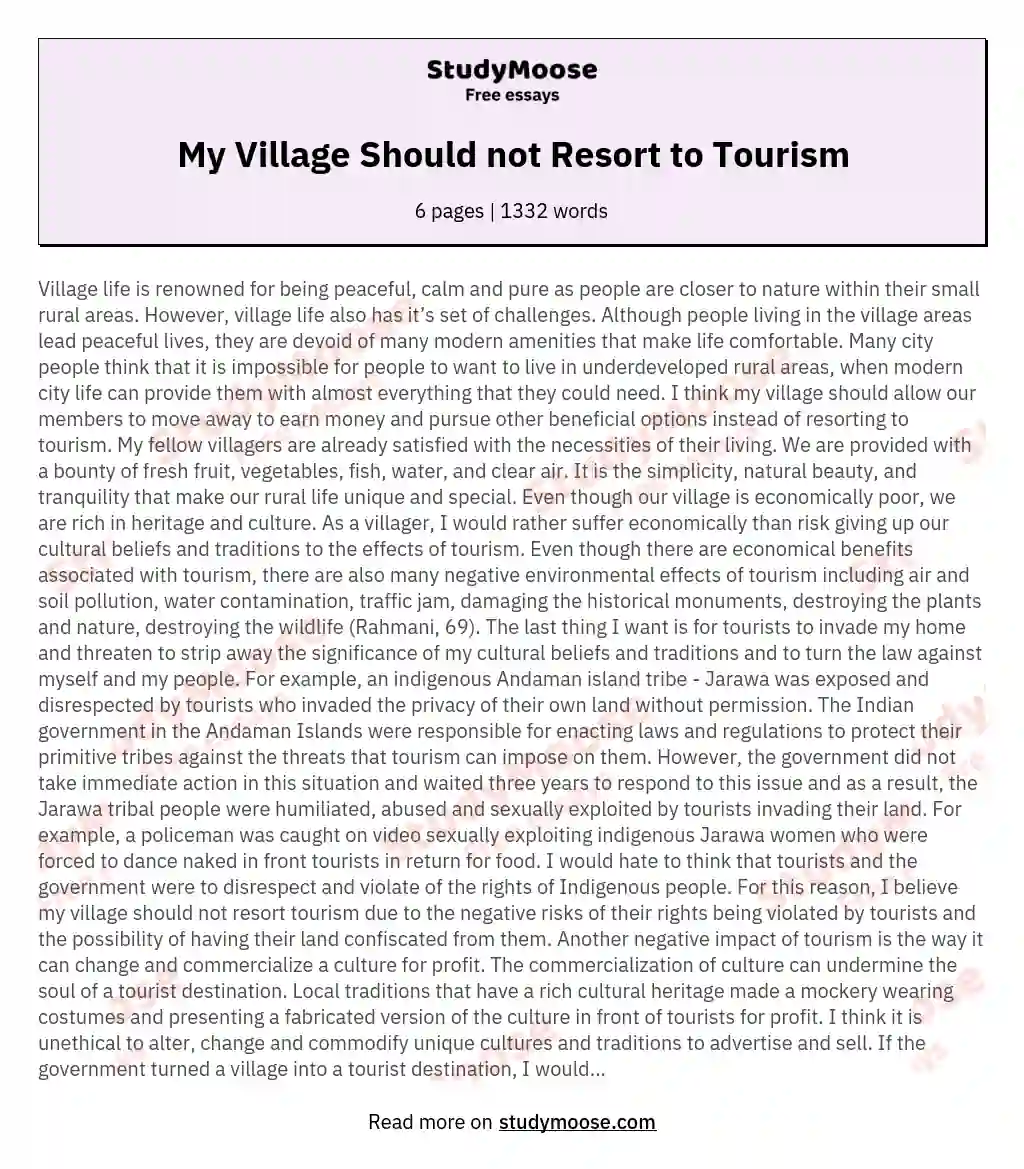  My Village Should not Resort to Tourism  essay