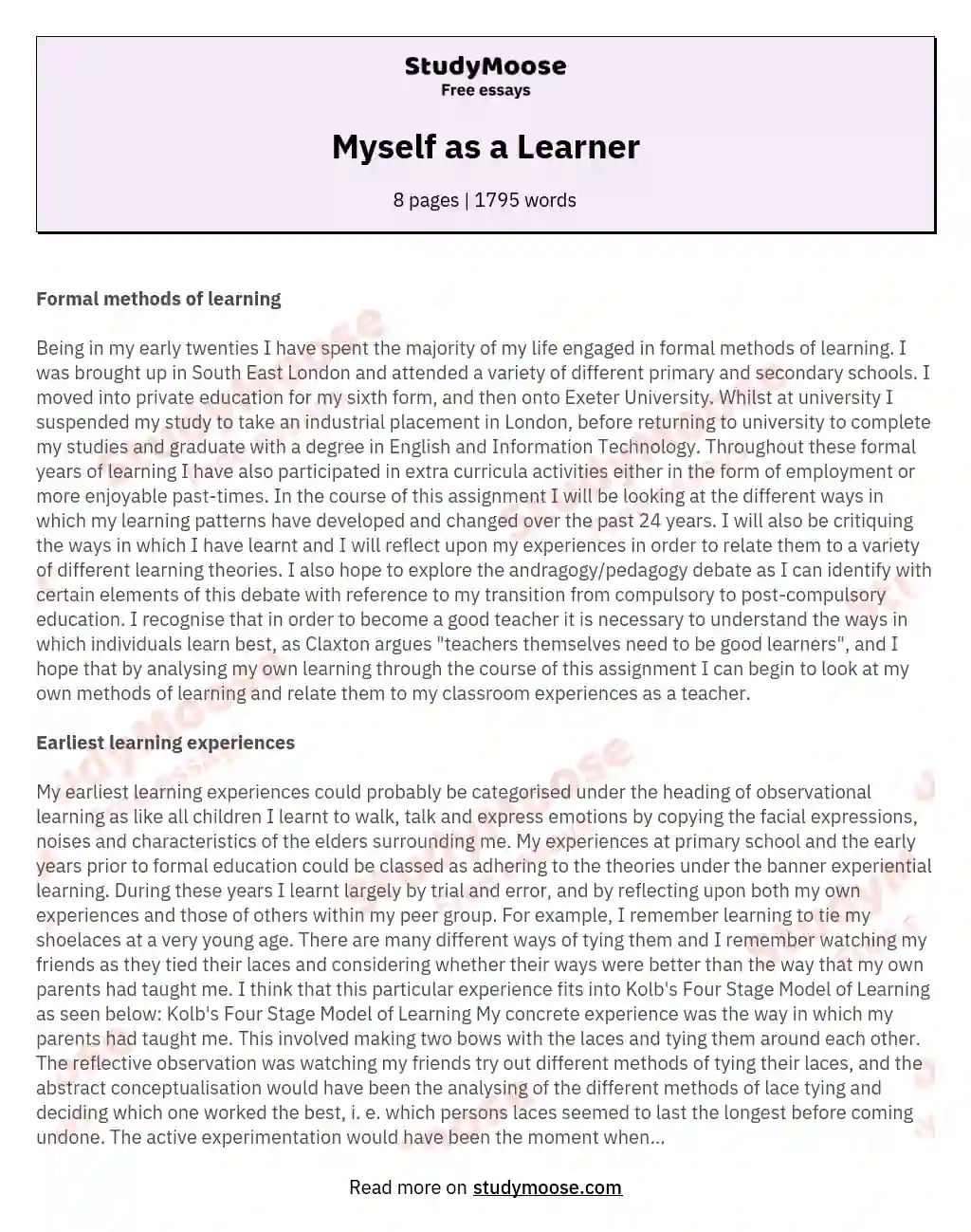 Formal Methods of Learning: An Exploration of Learning Styles essay