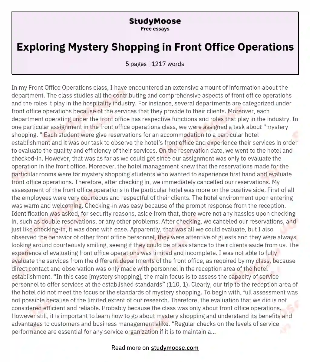 Exploring Mystery Shopping in Front Office Operations