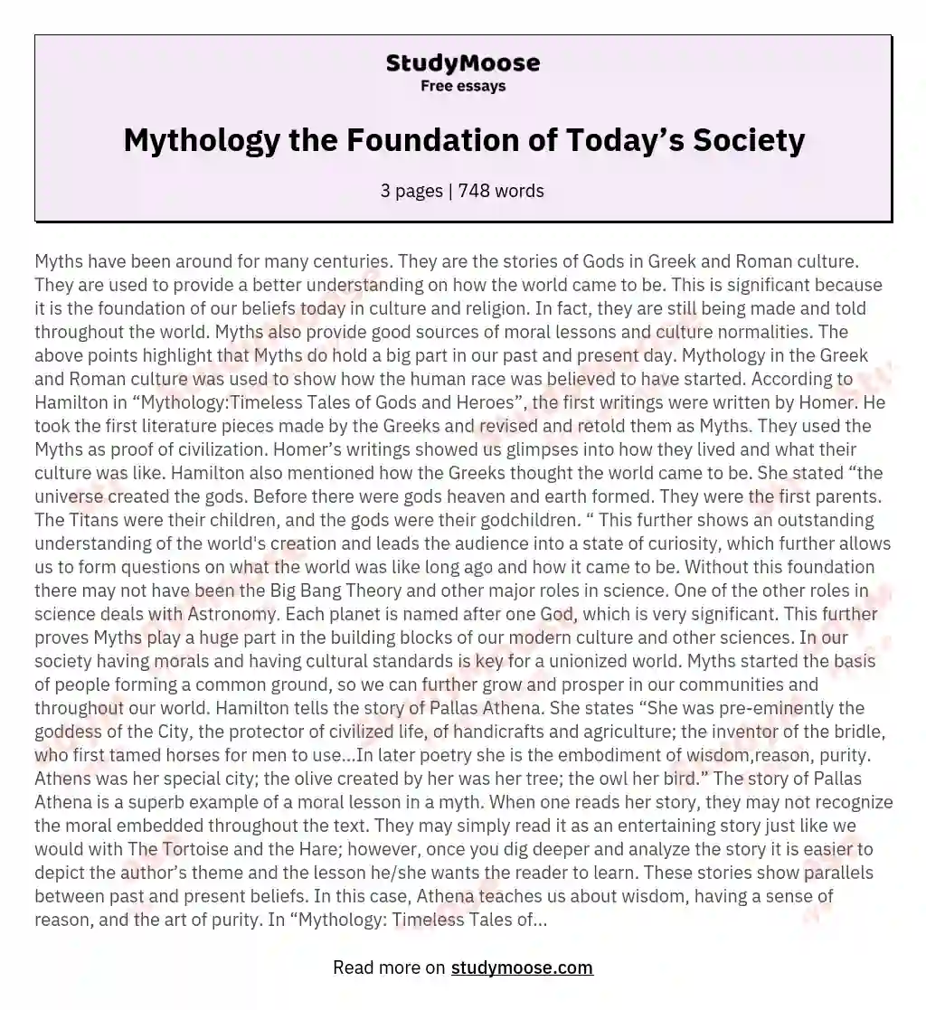 Mythology the Foundation of Today’s Society essay