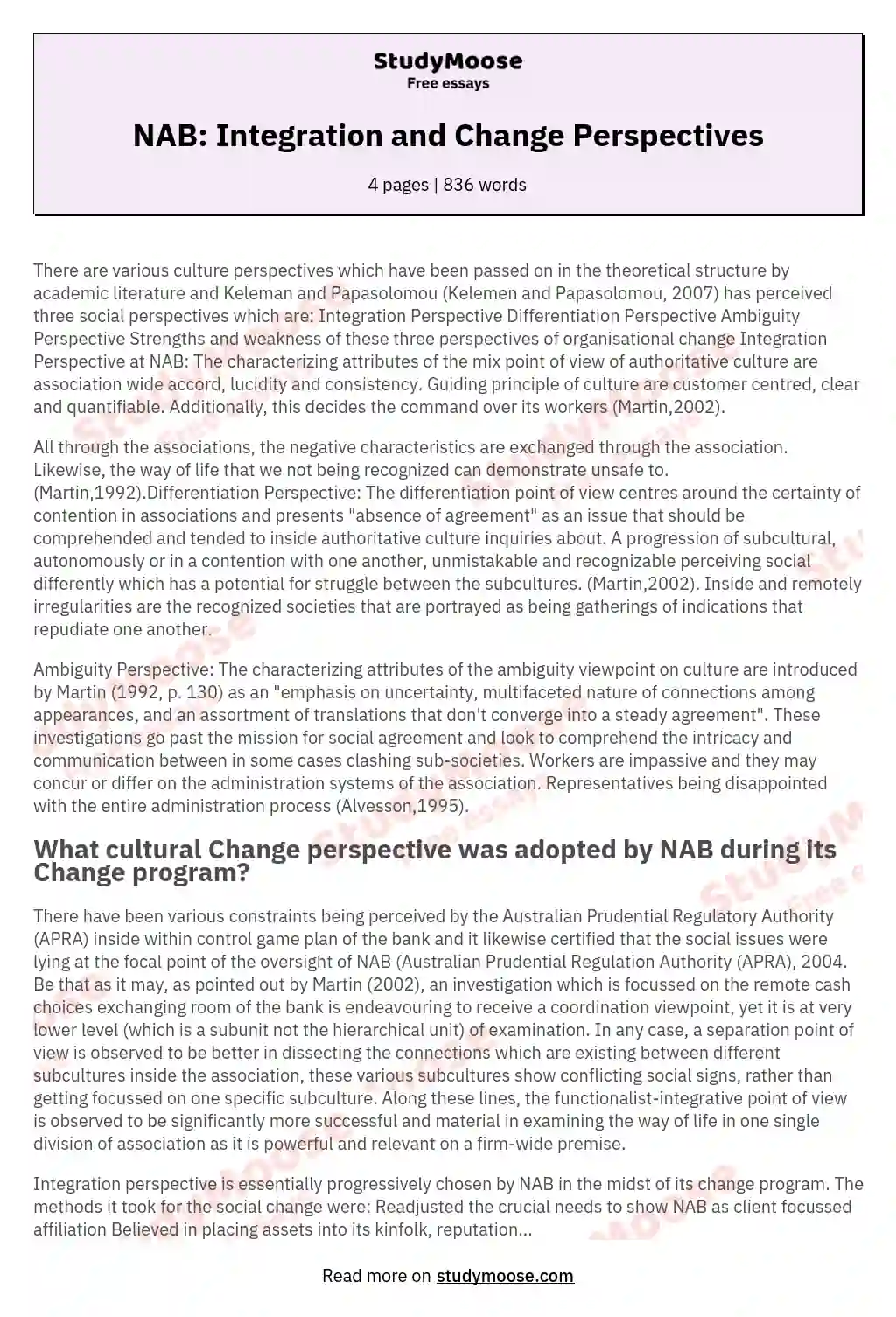 NAB: Integration and Change Perspectives
