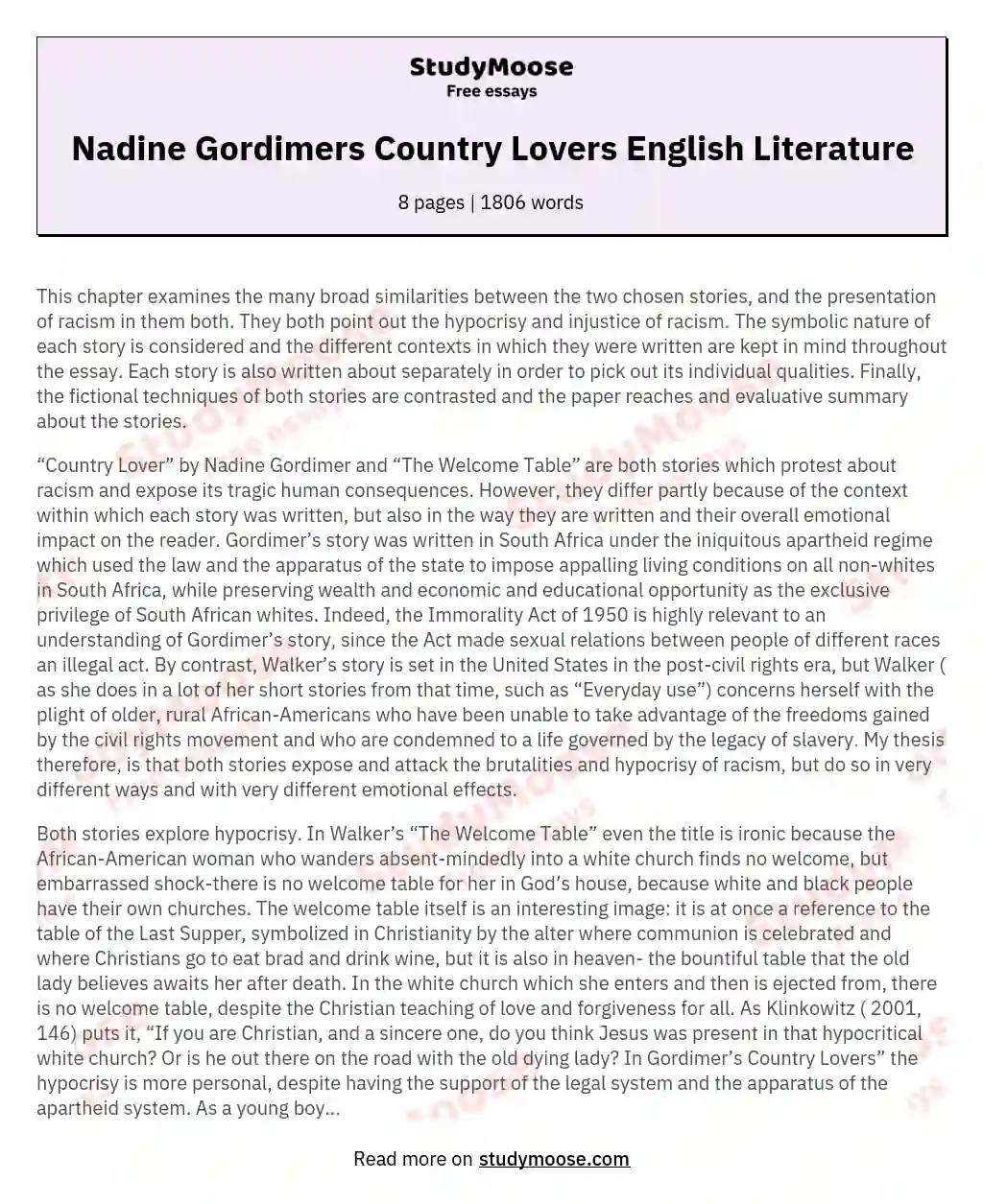 Nadine Gordimers Country Lovers English Literature