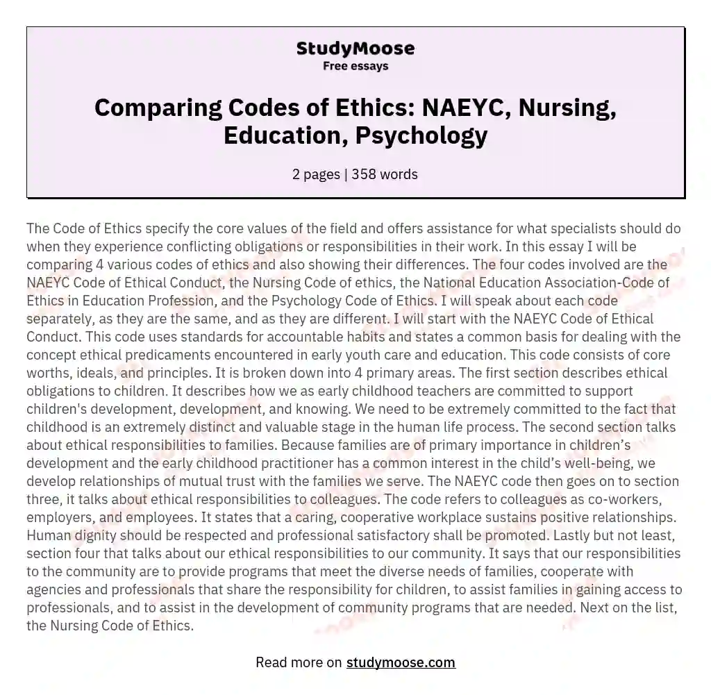 Comparing Codes of Ethics: NAEYC, Nursing, Education, Psychology essay