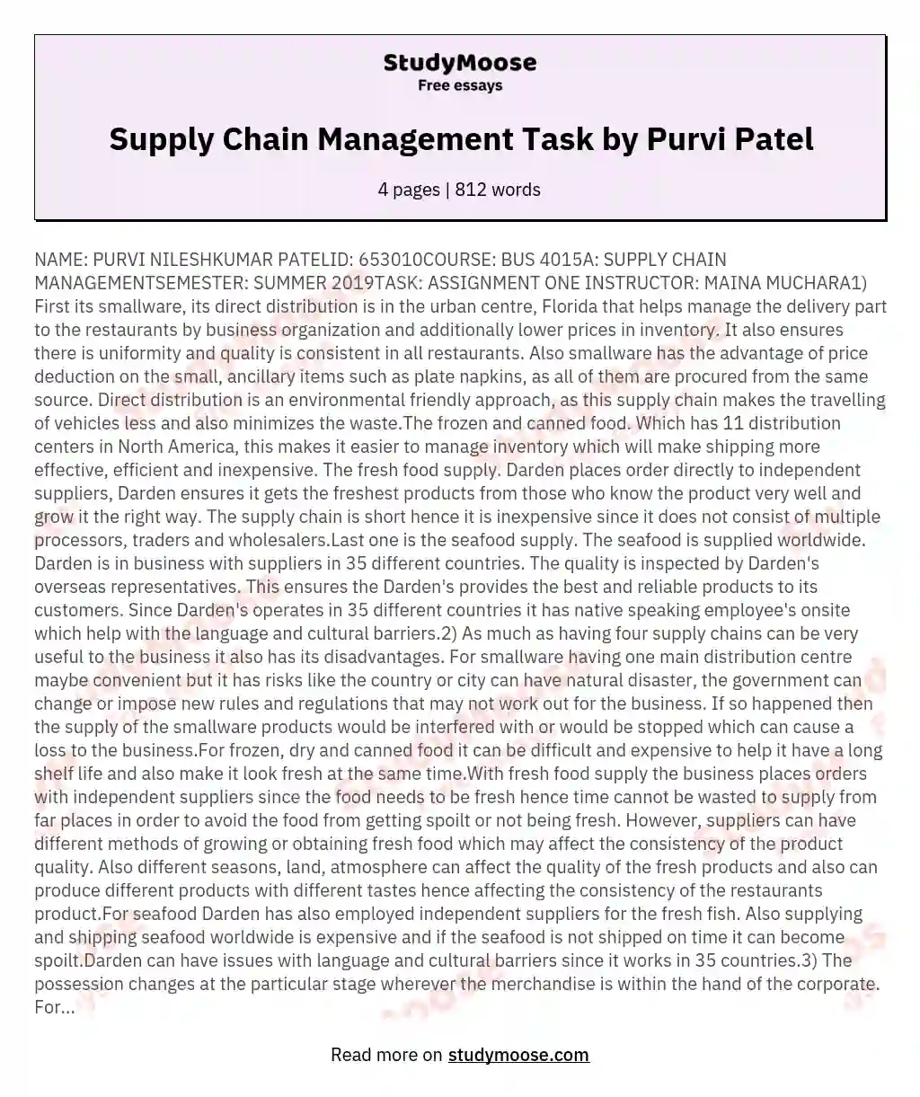Supply Chain Management Task by Purvi Patel essay