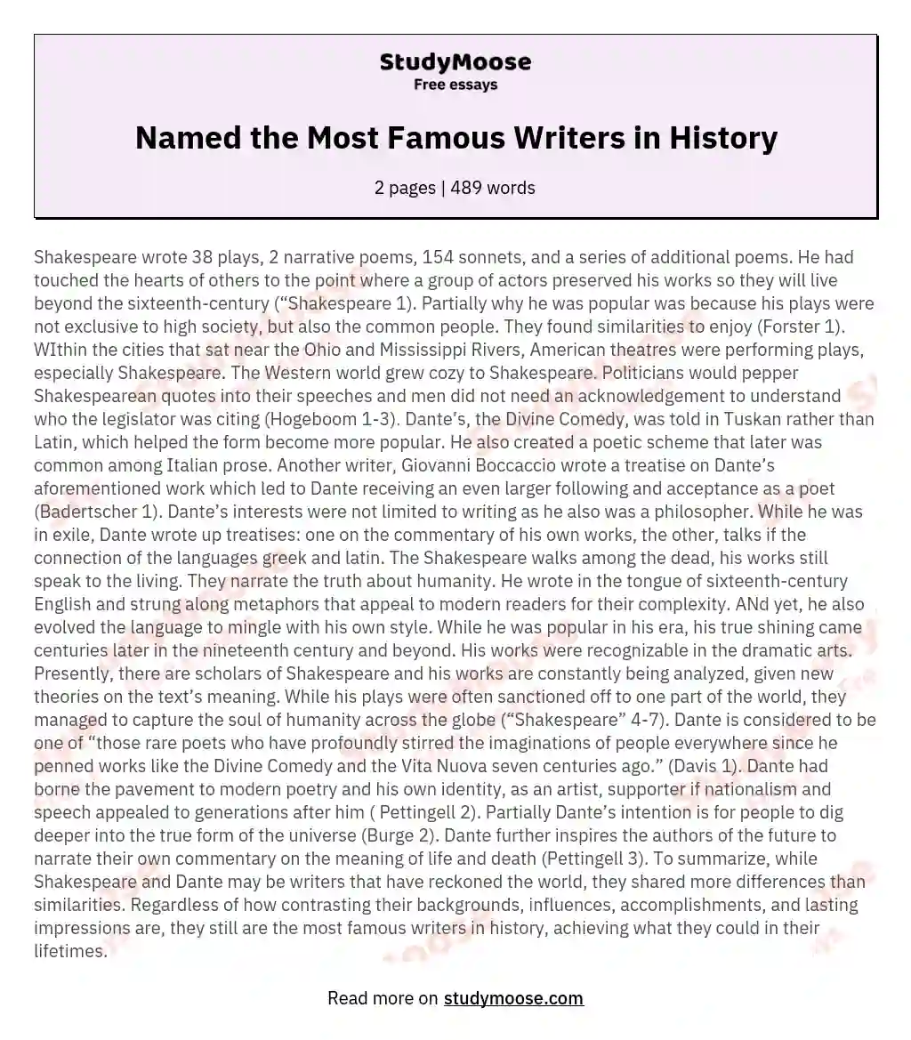 Named the Most Famous Writers in History essay