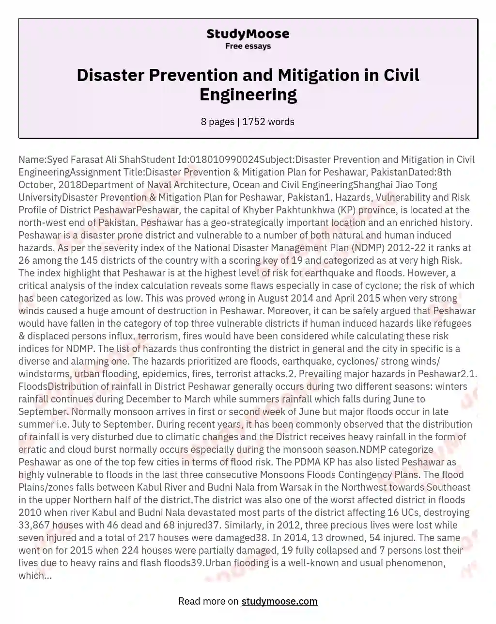 NameSyed Farasat Ali ShahStudent Id018010990024SubjectDisaster Prevention and Mitigation in Civil EngineeringAssignment TitleDisaster
