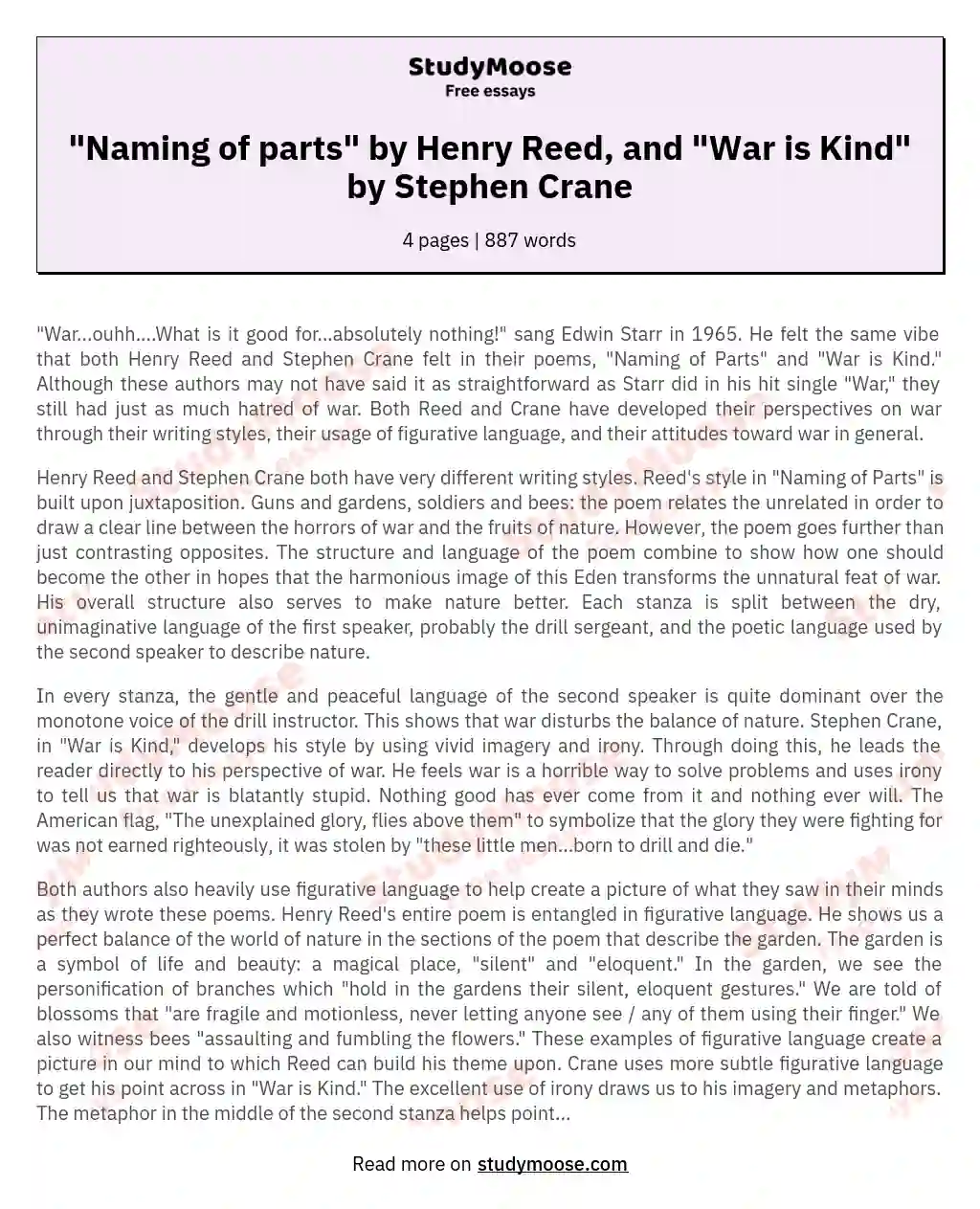 "Naming of parts" by Henry Reed, and "War is Kind" by Stephen Crane essay