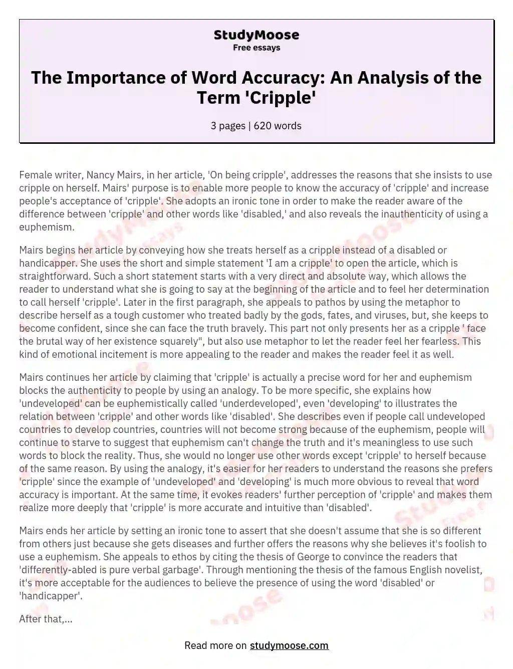 The Importance of Word Accuracy: An Analysis of the Term 'Cripple' essay