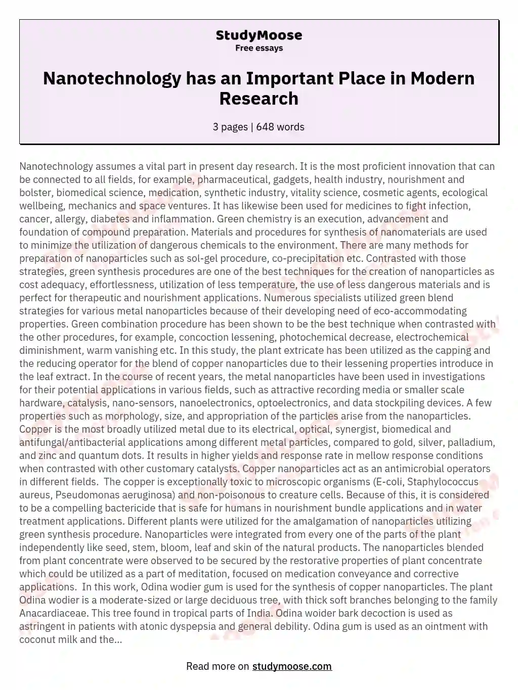 Nanotechnology has an Important Place in Modern Research essay