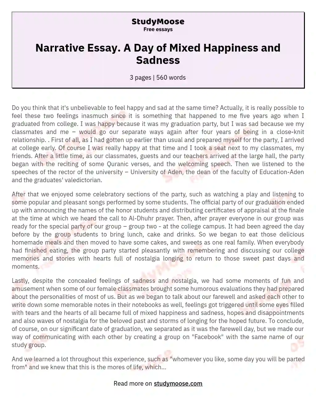 Narrative Essay. A Day of Mixed Happiness and Sadness essay