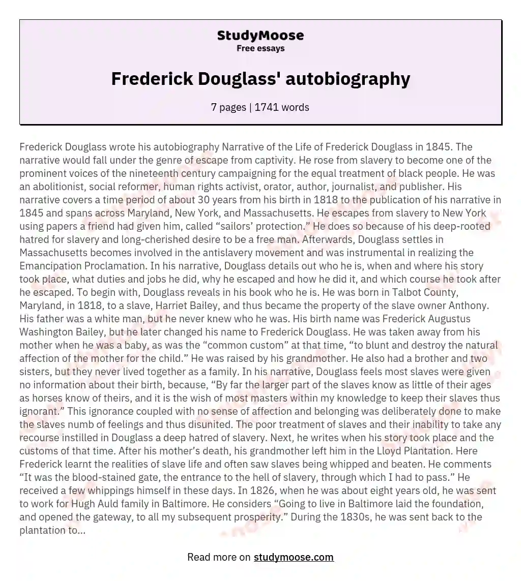 Frederick Douglass' autobiography essay