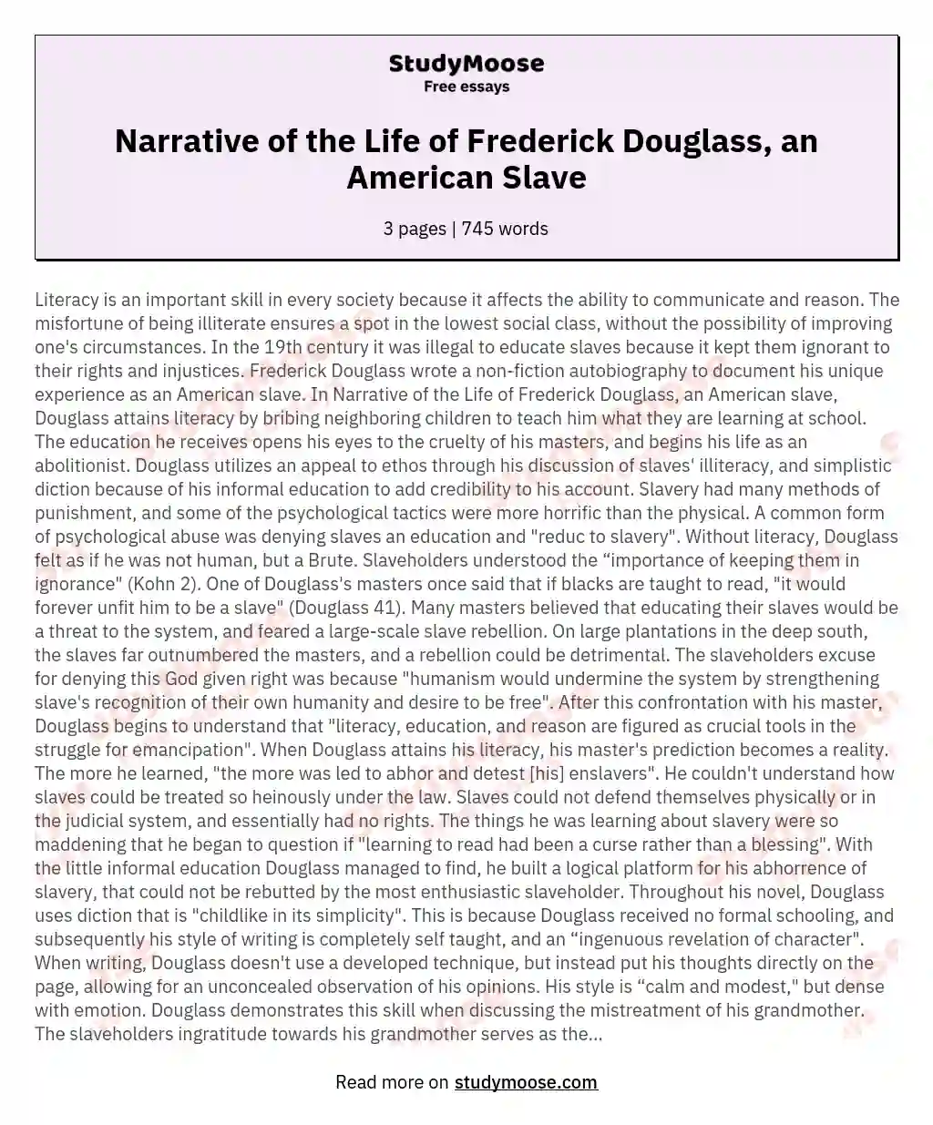 Narrative of the Life of Frederick Douglass, an American Slave essay