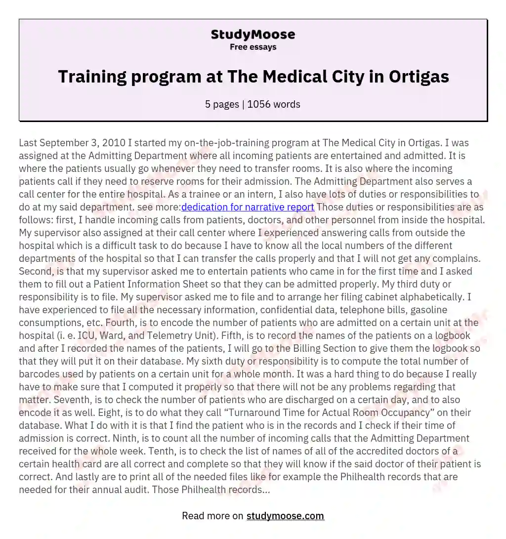 Training program at The Medical City in Ortigas essay