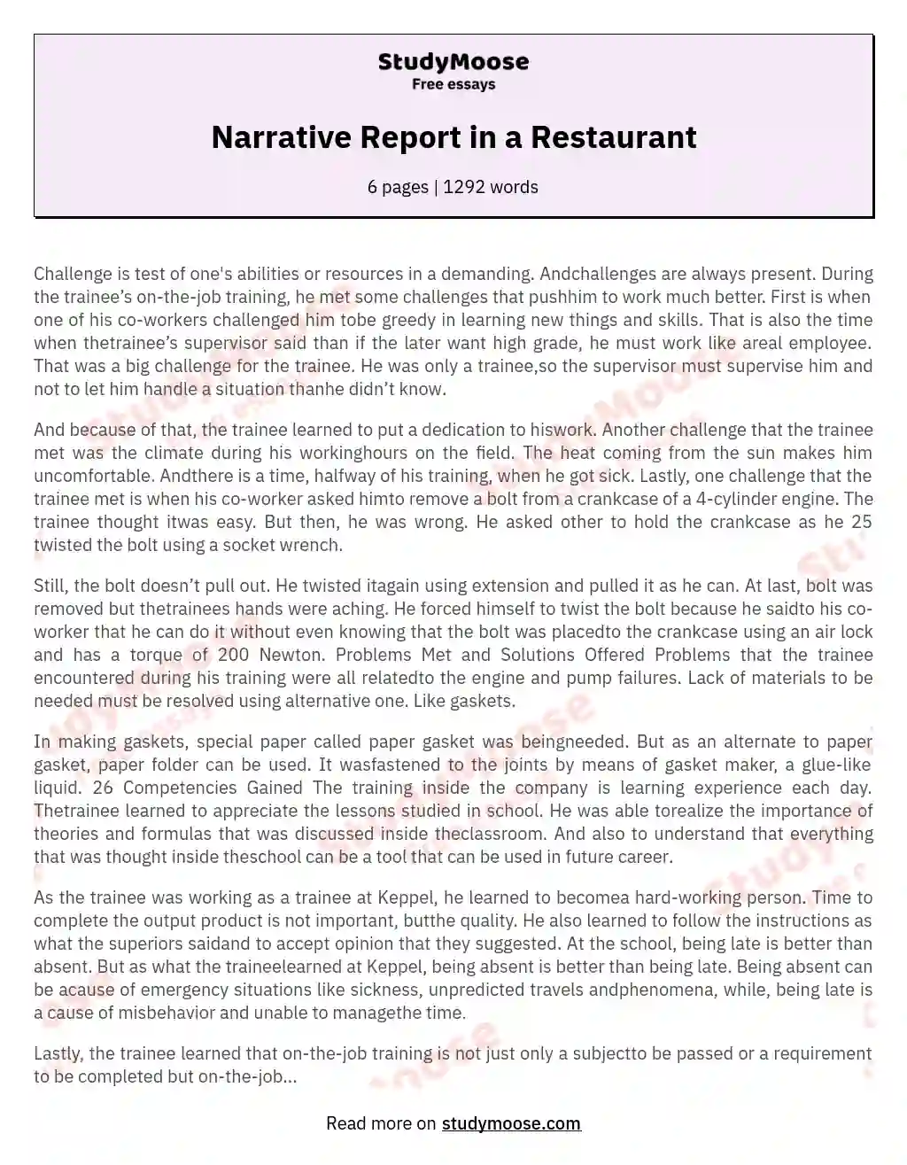Narrative Report in a Restaurant essay