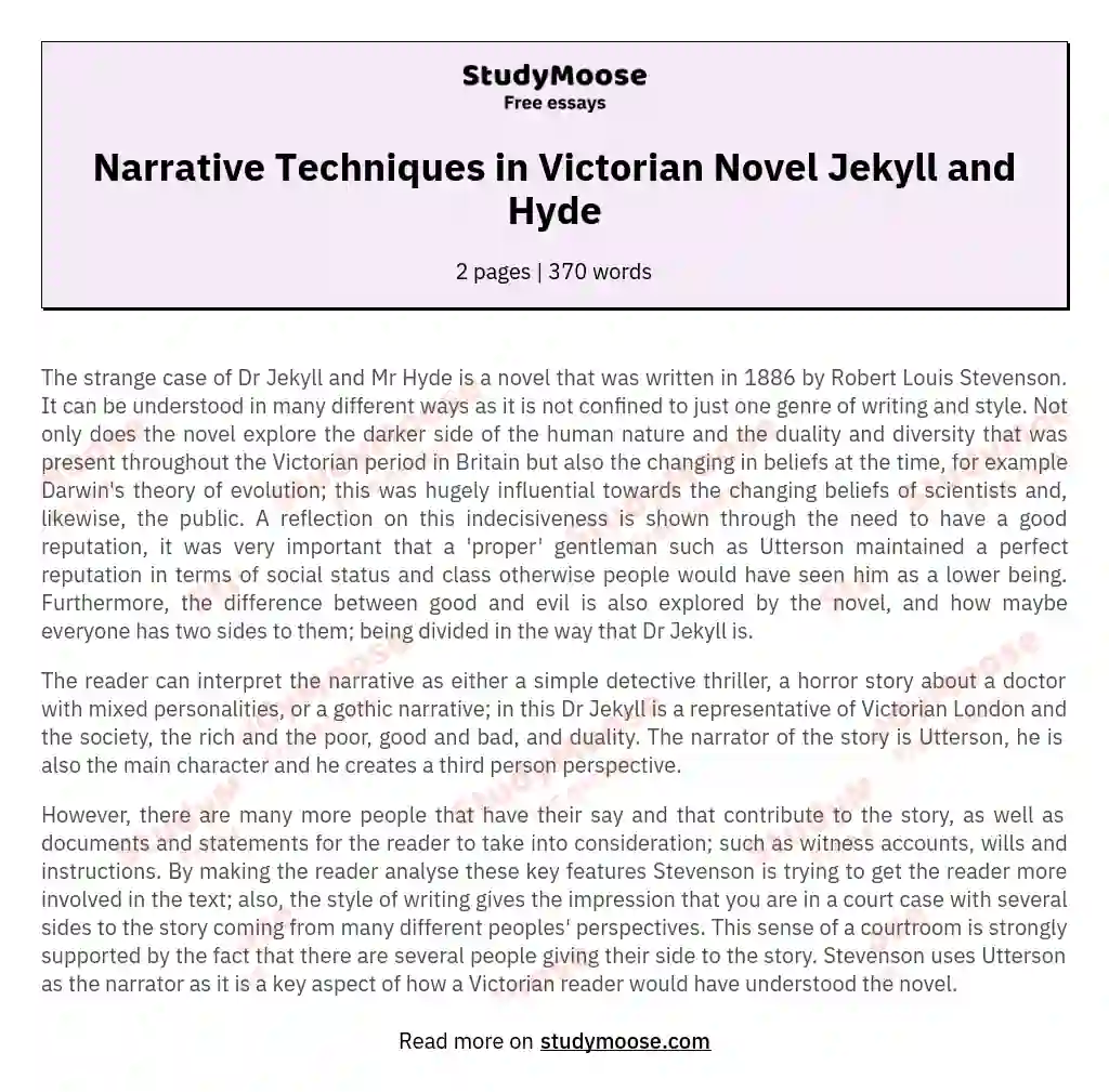 Narrative Techniques in Victorian Novel Jekyll and Hyde essay