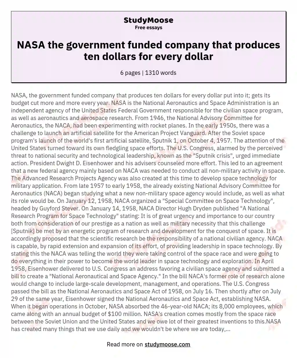 NASA the government funded company that produces ten dollars for every dollar essay