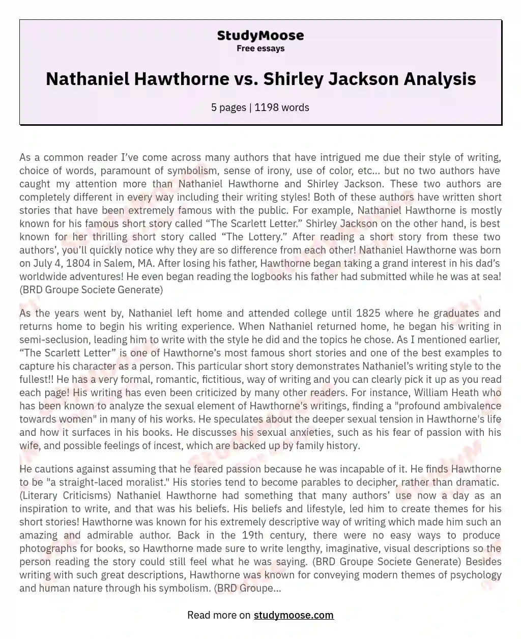 Nathaniel Hawthorne vs. Shirley Jackson Analysis essay
