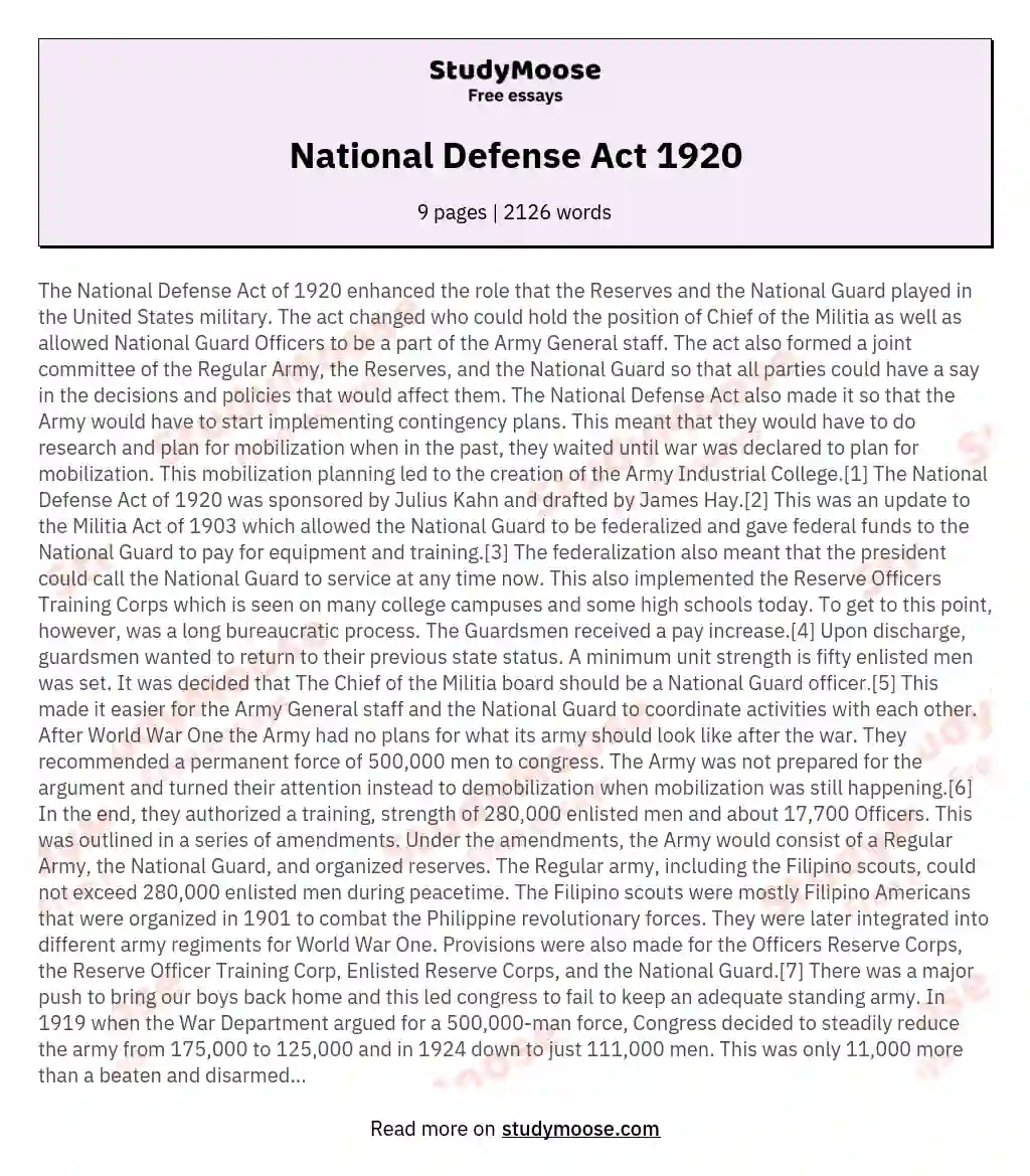 National Defense Act 1920 essay