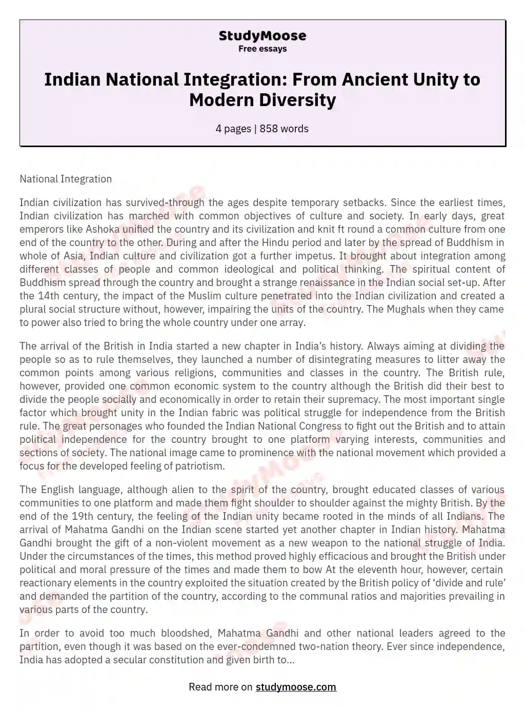 Indian National Integration: From Ancient Unity to Modern Diversity essay