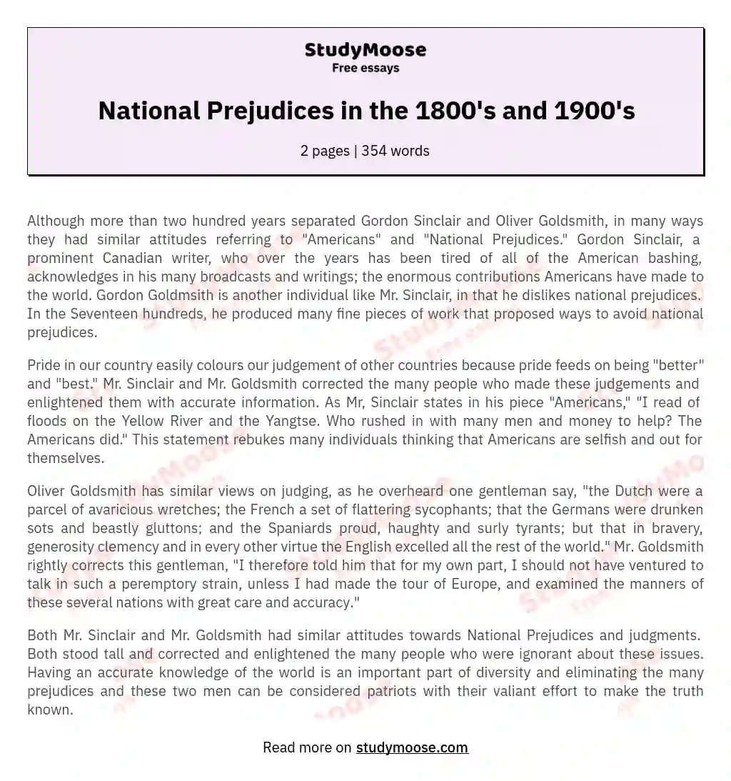 National Prejudices in the 1800's and 1900's essay