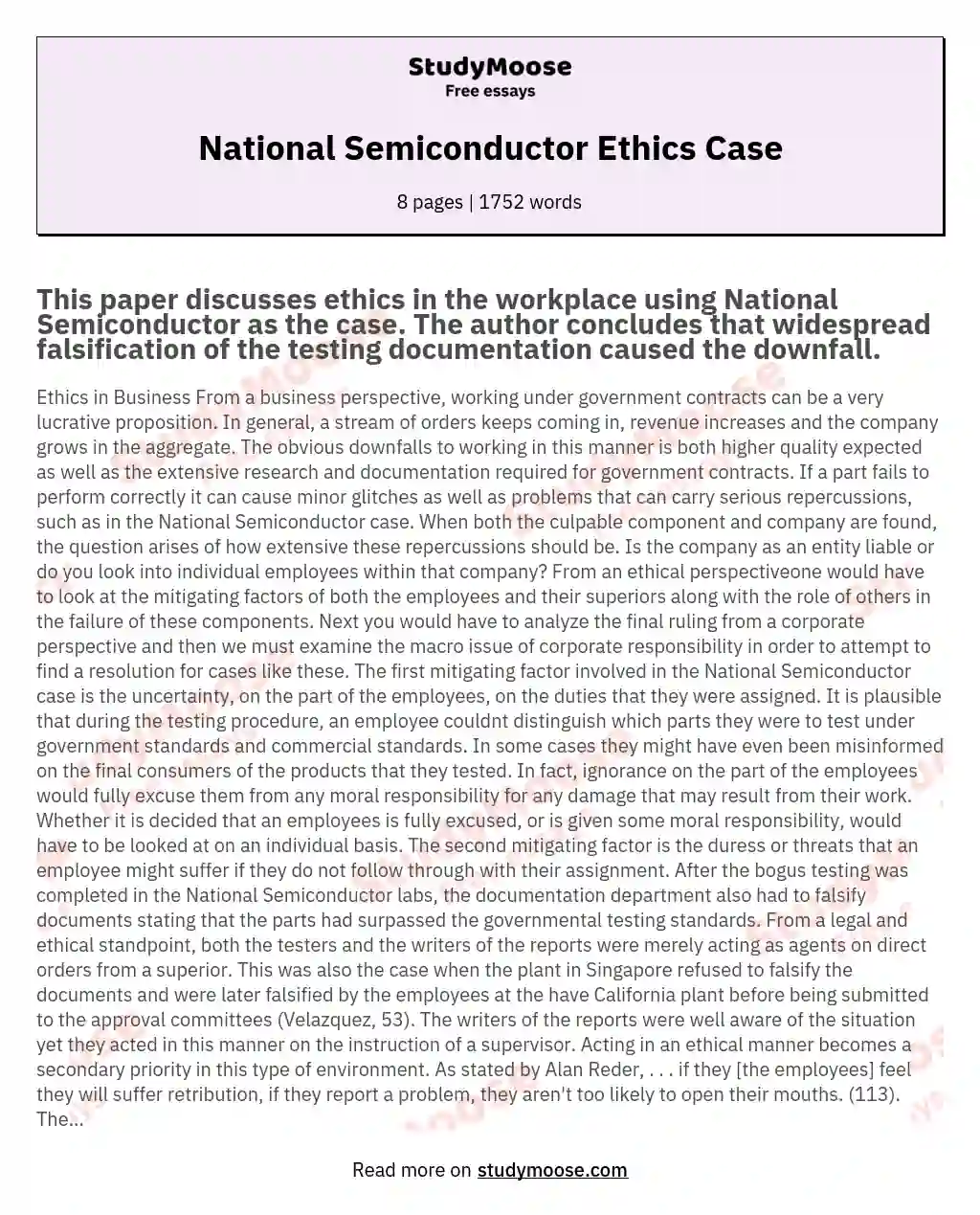 National Semiconductor Ethics Case essay
