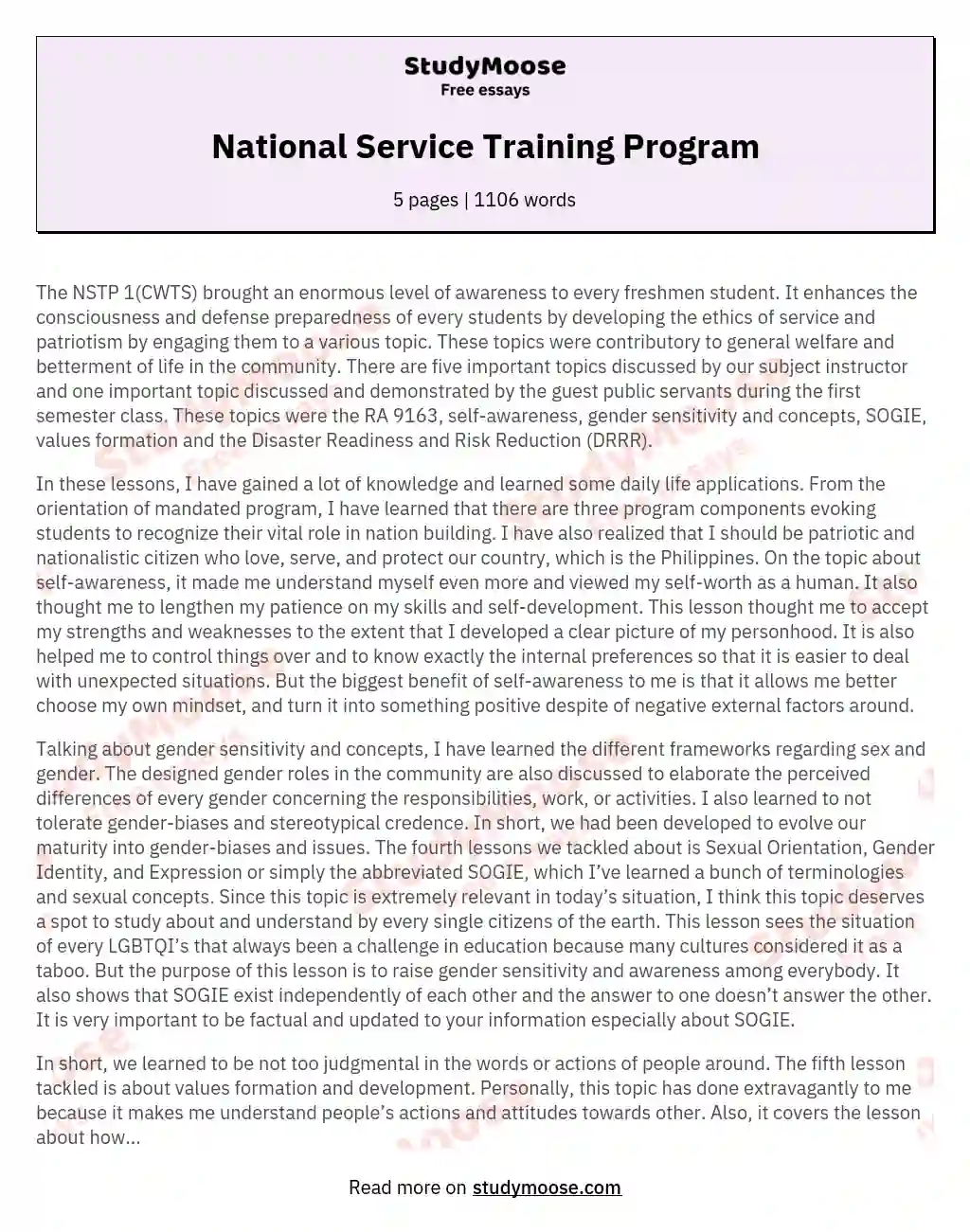 National Service Training Program essay