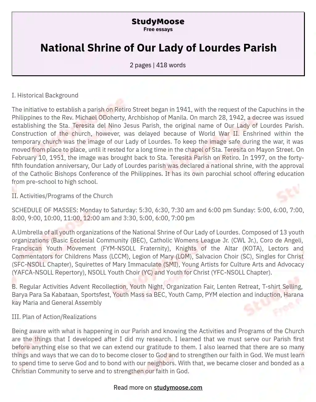 National Shrine of Our Lady of Lourdes Parish essay