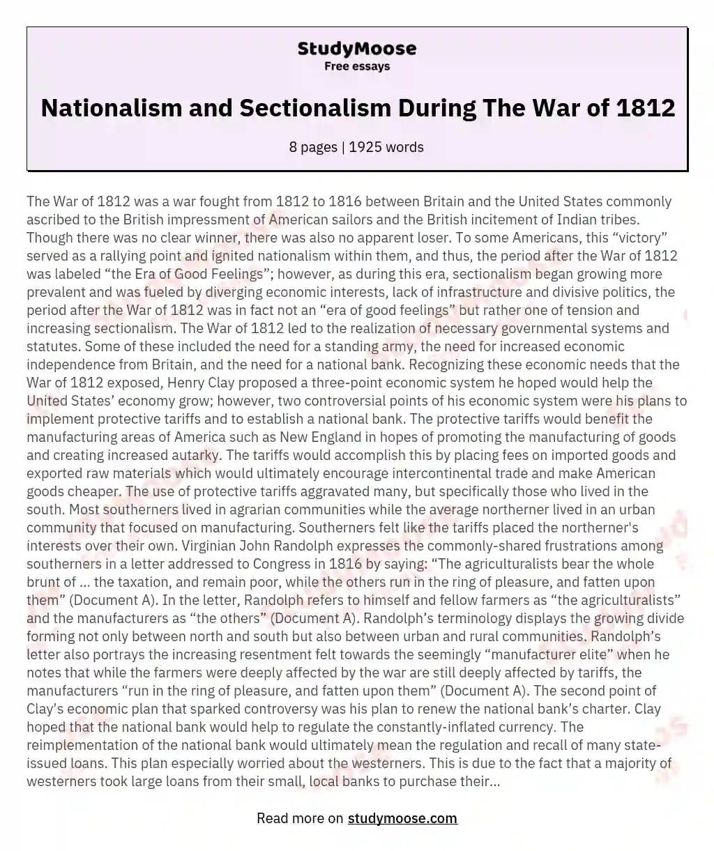Nationalism and Sectionalism During The War of 1812