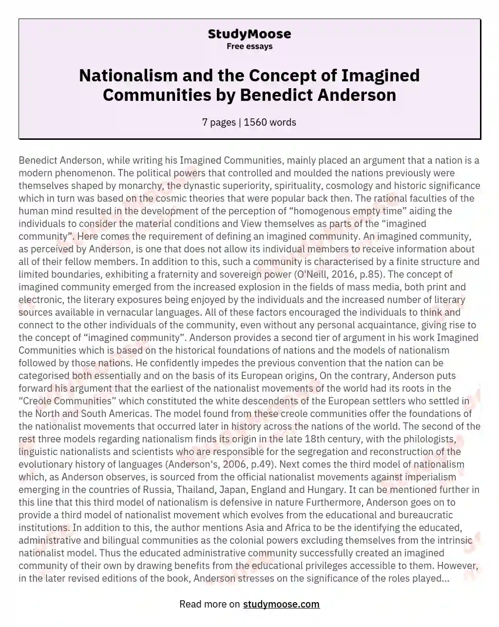 Nationalism and the Concept of Imagined Communities by Benedict Anderson essay