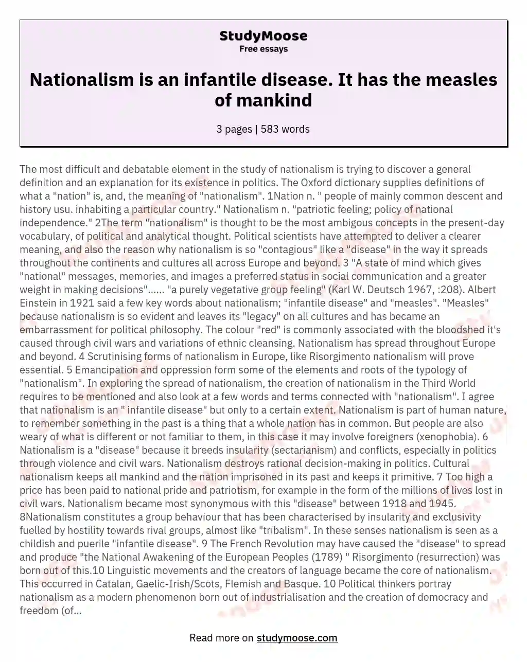 Nationalism is an infantile disease. It has the measles of mankind essay