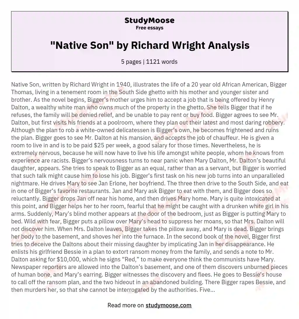 "Native Son" by Richard Wright Analysis essay