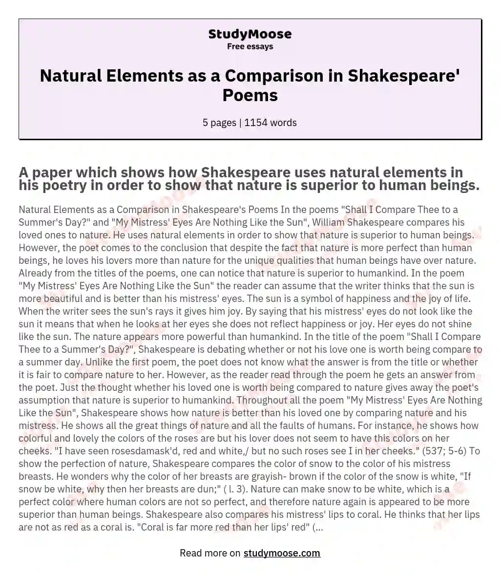 Natural Elements as a Comparison in Shakespeare' Poems essay