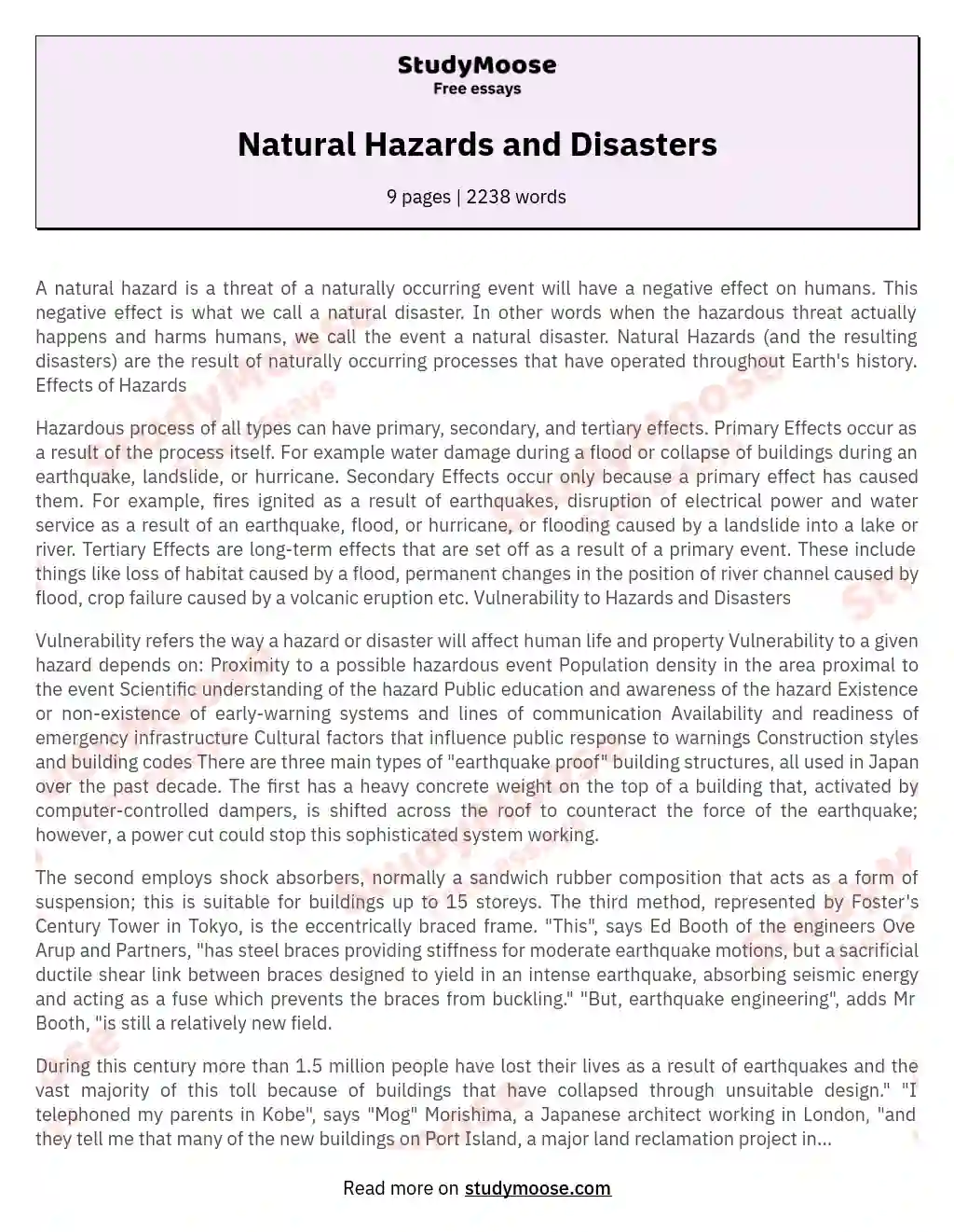 Natural Hazards and Disasters essay