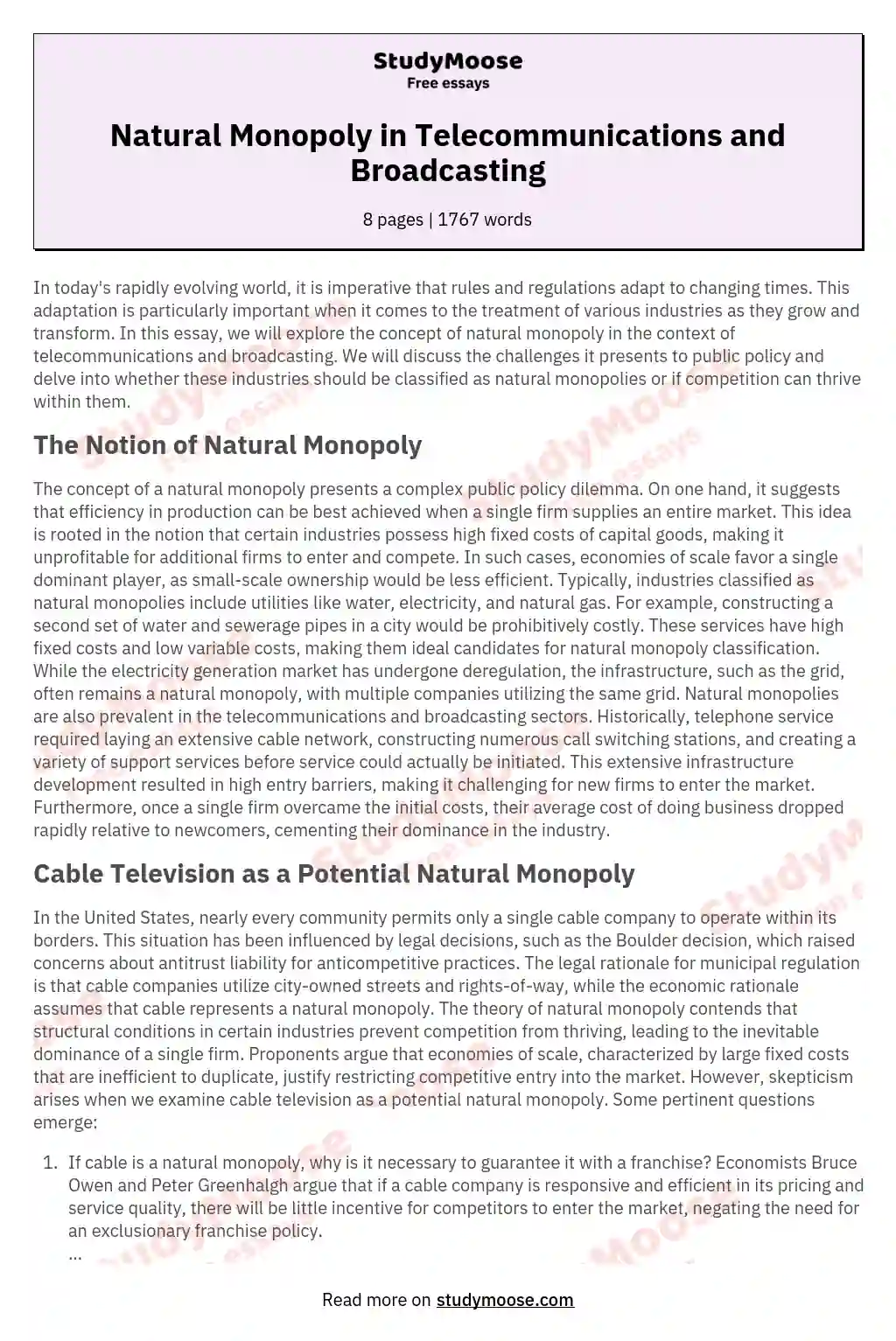 Natural Monopoly in Telecommunications and Broadcasting essay