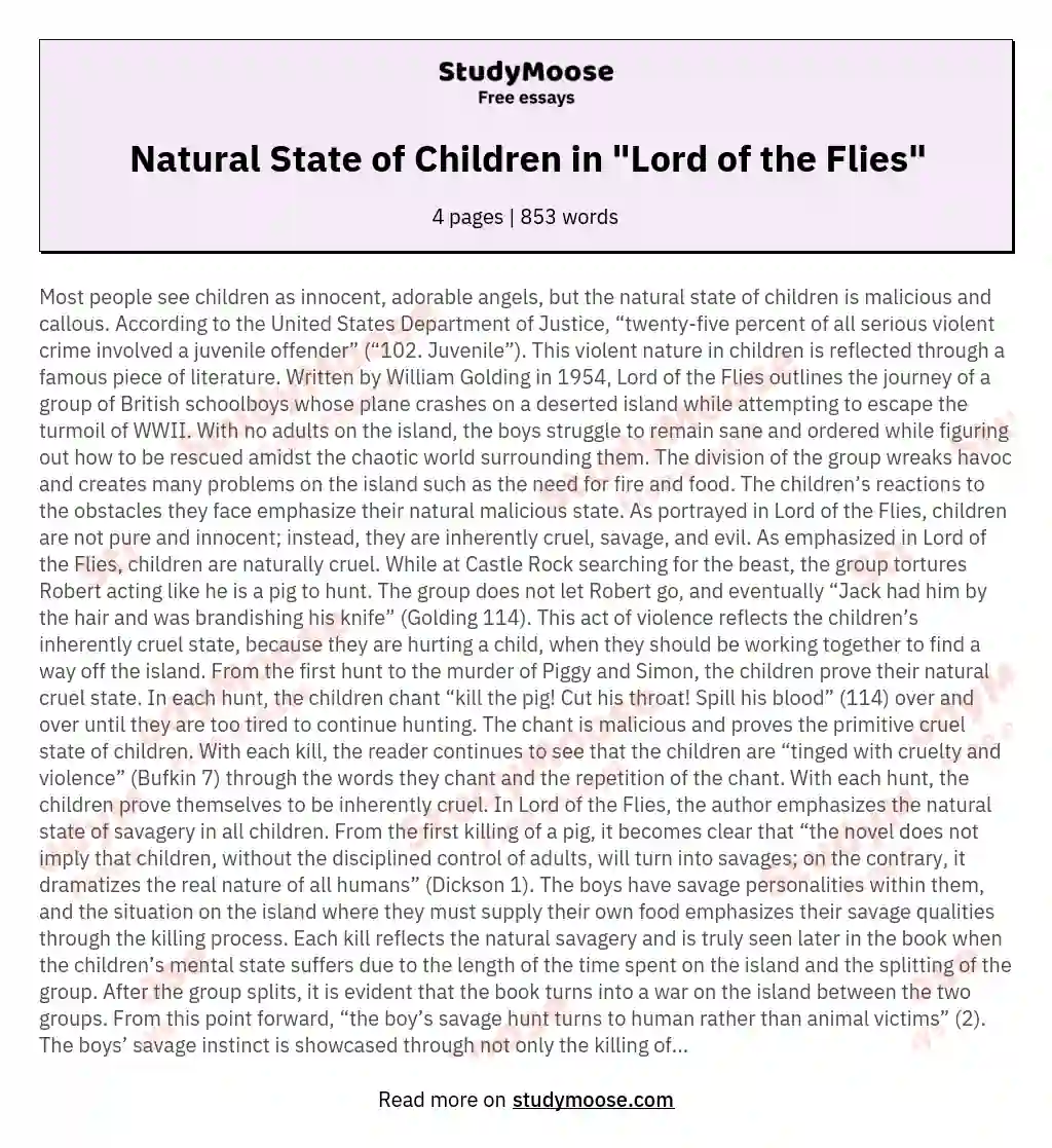 Natural State of Children in "Lord of the Flies" essay