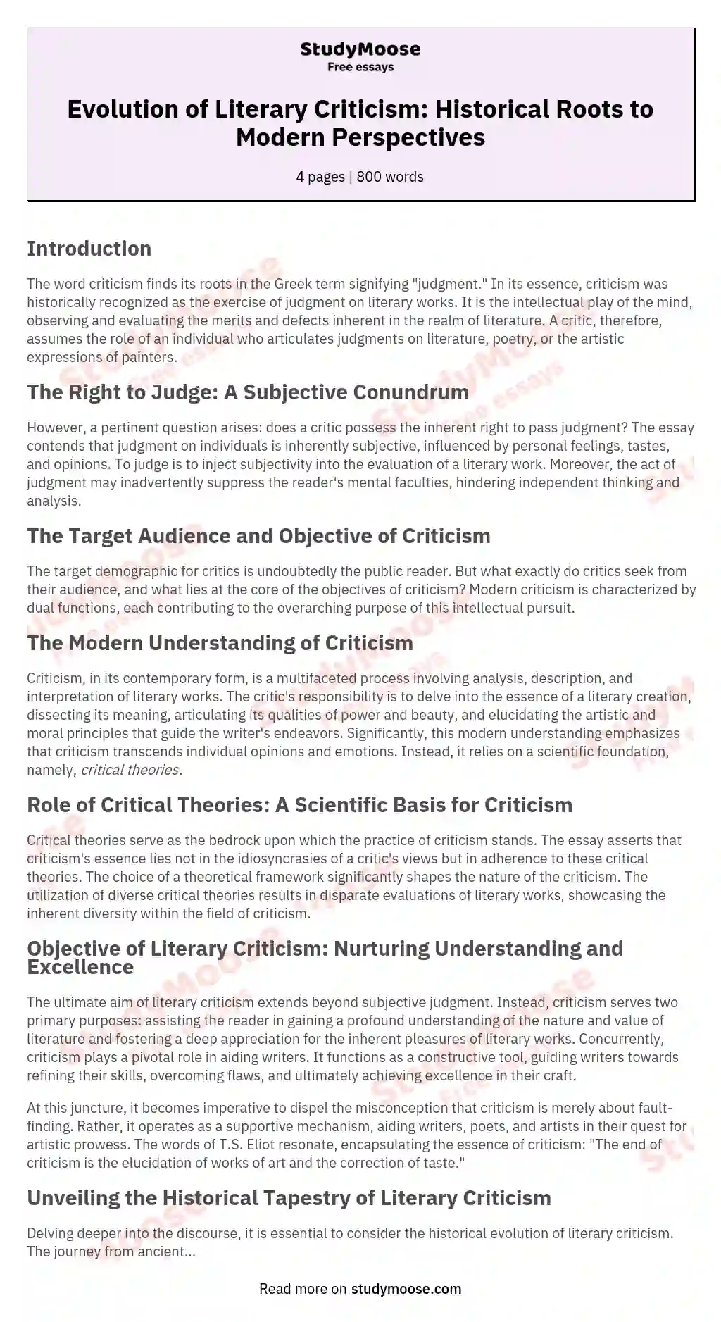 Evolution of Literary Criticism: Historical Roots to Modern Perspectives essay