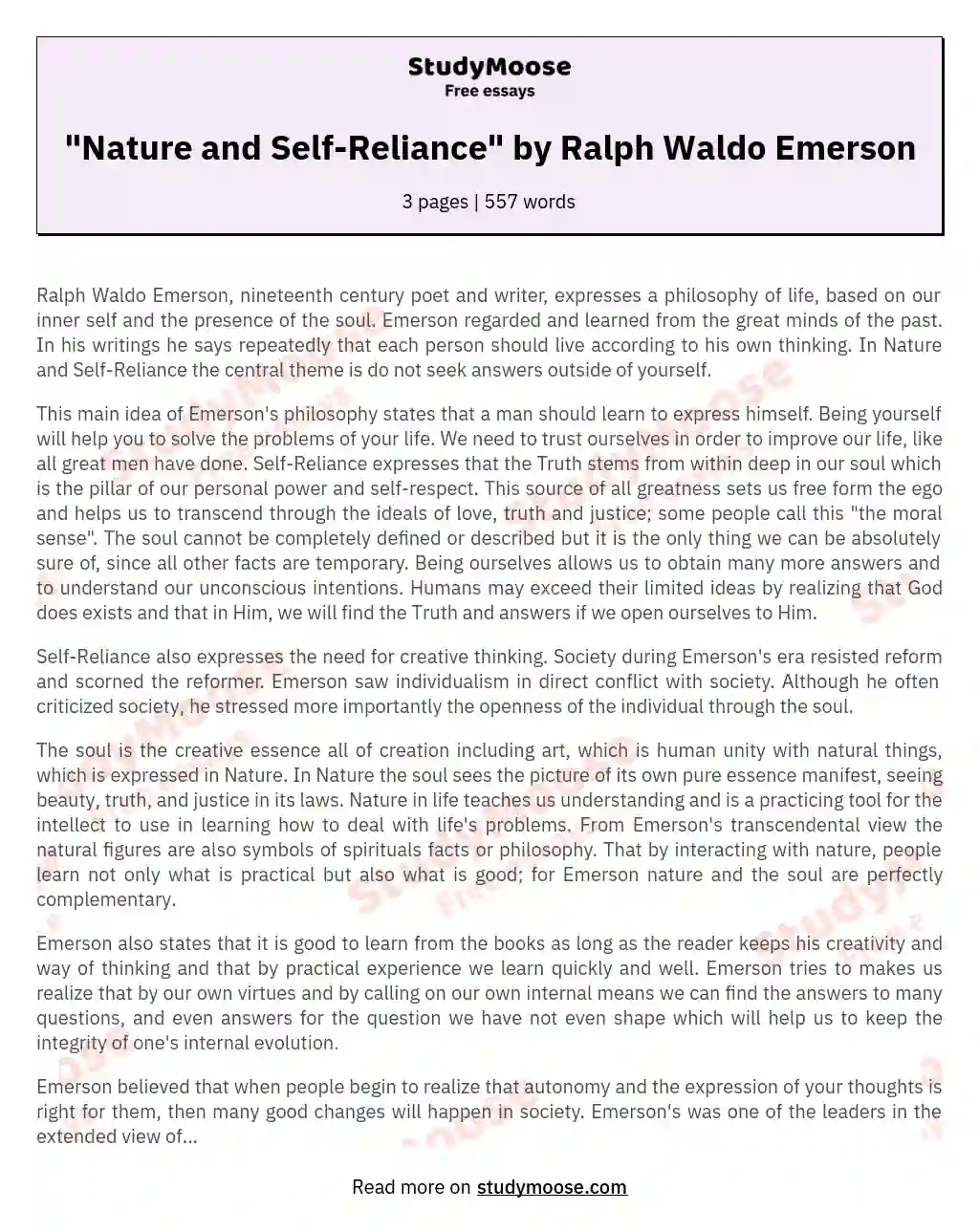 "Nature and Self-Reliance" by Ralph Waldo Emerson essay