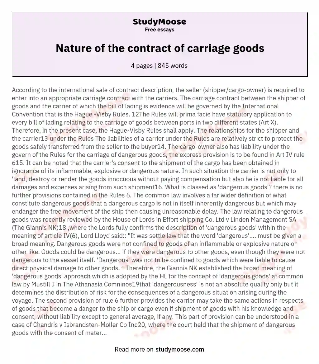 Nature of the contract of carriage goods essay
