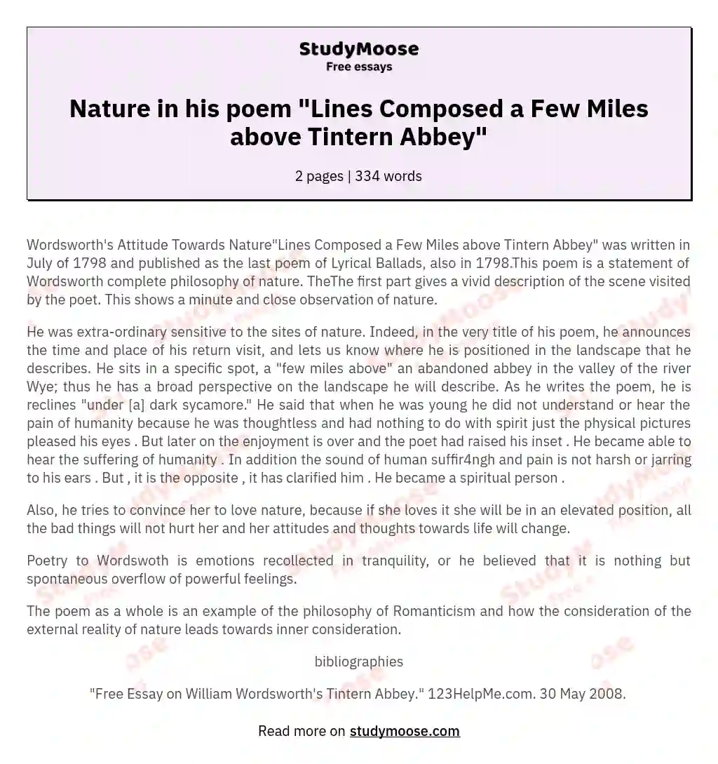 Nature in his poem "Lines Composed a Few Miles above Tintern Abbey" essay