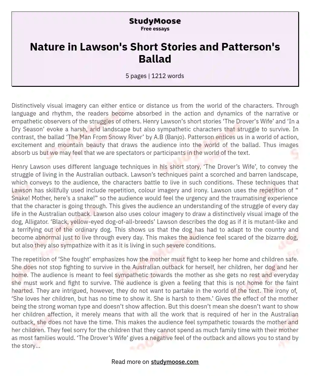 Nature in Lawson's Short Stories and Patterson's Ballad essay