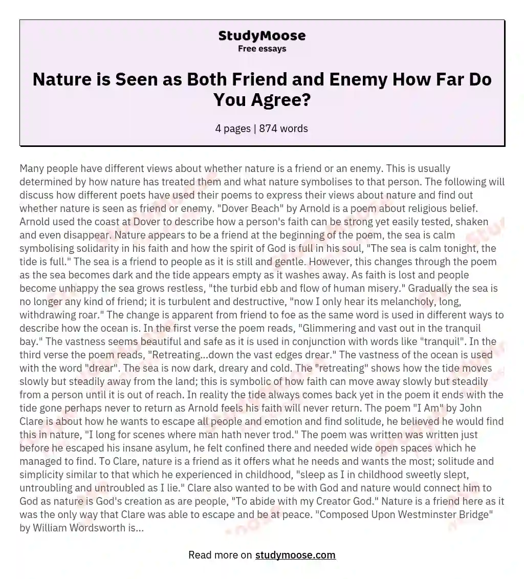 Nature is Seen as Both Friend and Enemy How Far Do You Agree? essay