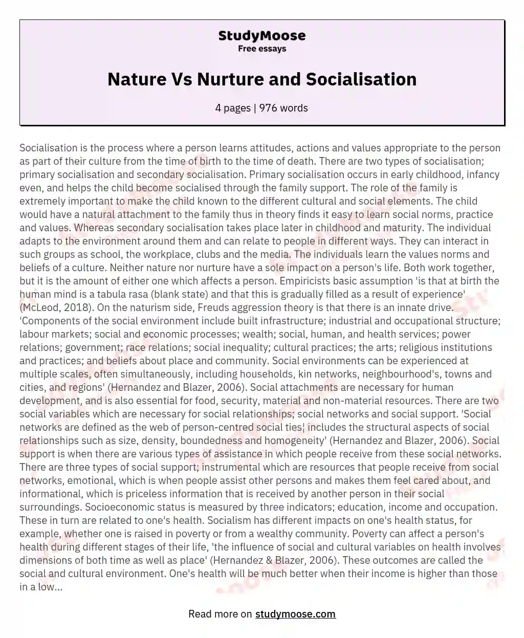Nature Vs Nurture and Socialisation essay